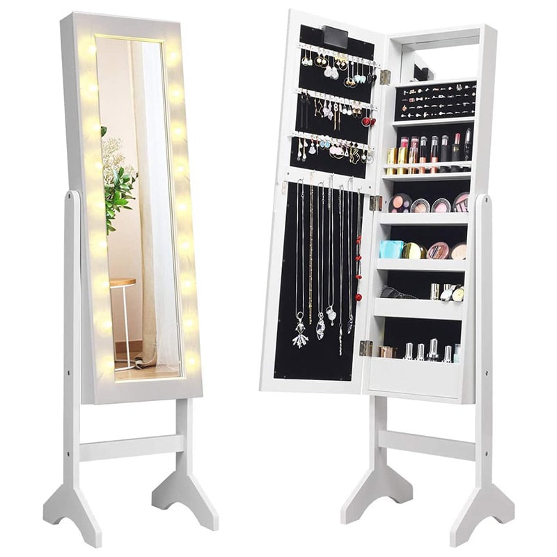 18 LEDs Large Standing Jewelry Armoire Cabinet Makeup Mirror with Full-Length Mirror 16 Lipstick Holder