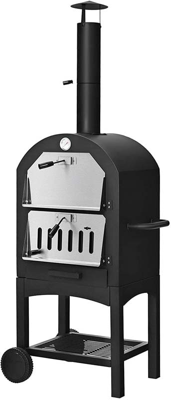 Outdoor 2 Layer Steel Pizza Oven Cooker Portable Wood Fire Pizza Grill Maker with Waterproof Cover and Wheels