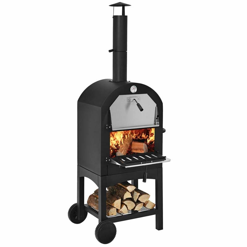 Outdoor 2 Layer Steel Pizza Oven Cooker Portable Wood Fire Pizza Grill Maker with Waterproof Cover and Wheels