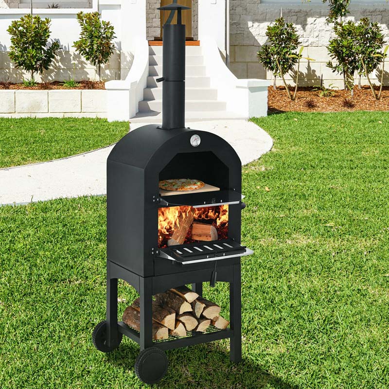 Outdoor 2 Layer Steel Pizza Oven Cooker Portable Wood Fire Pizza Grill Maker with Waterproof Cover and Wheels