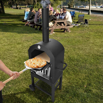 Outdoor 2 Layer Steel Pizza Oven Cooker Portable Wood Fire Pizza Grill Maker with Waterproof Cover and Wheels