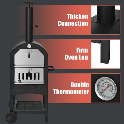 Outdoor 2 Layer Steel Pizza Oven Cooker Portable Wood Fire Pizza Grill Maker with Waterproof Cover and Wheels