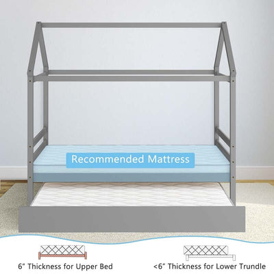 Twin Size House Bed with Trundle, Roof Wooden Platform Bed Frame, Playhouse Twin Bed for Kids Toddlers