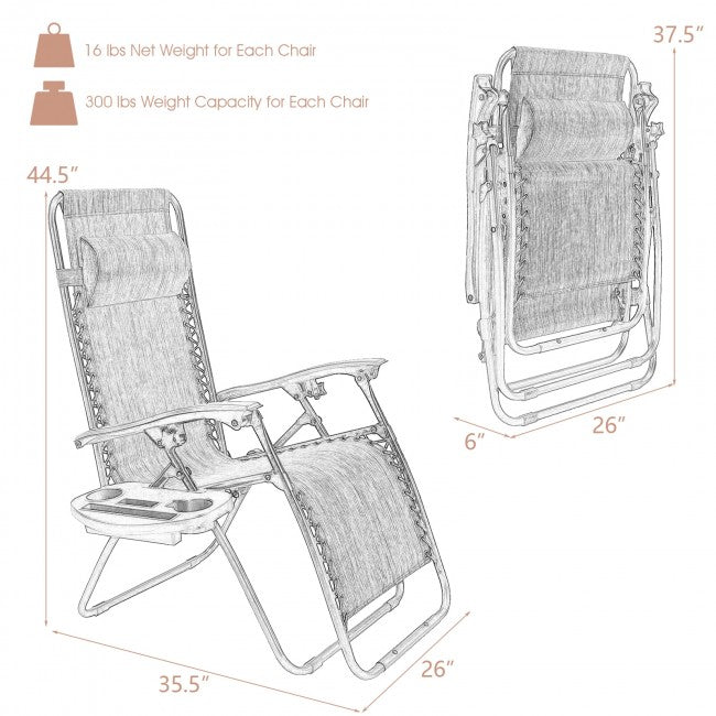 2 Pcs Adjustable Folding Reclining Lounge Chair with Pillows