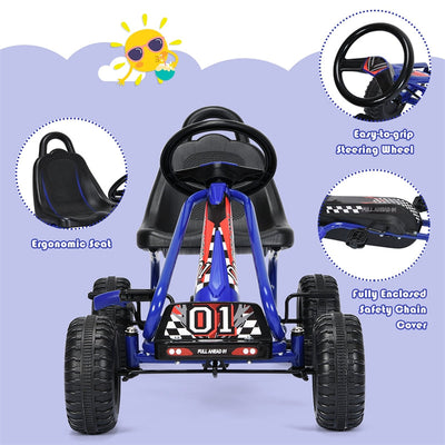 Kids Racer Pedal Go Kart 4 Wheel Pedal Powered Ride On Toys with Non-Slip Wheels and Adjustable Seat