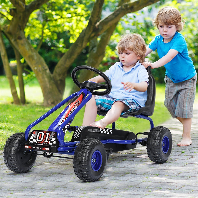 Kids Racer Pedal Go Kart 4 Wheel Pedal Powered Ride On Toys with Non-Slip Wheels and Adjustable Seat