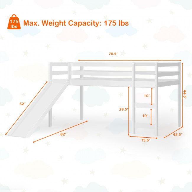 Kids Wood Loft Bed Low Bunk Bed with Slide and Stairs