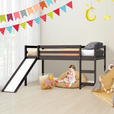 Kids Wood Loft Bed Low Bunk Bed with Slide and Stairs