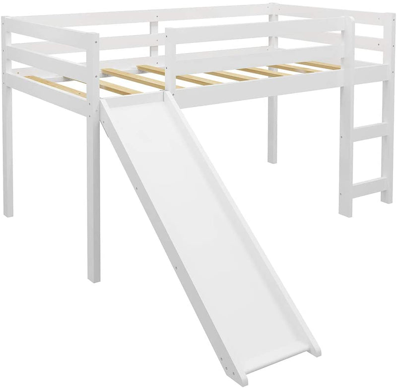 Kids Wood Loft Bed Low Bunk Bed with Slide and Stairs