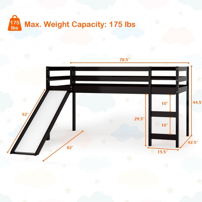 Kids Wood Loft Bed Low Bunk Bed with Slide and Stairs