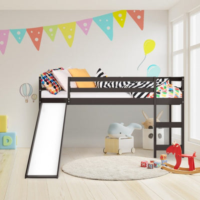 Kids Wood Loft Bed Low Bunk Bed with Slide and Stairs