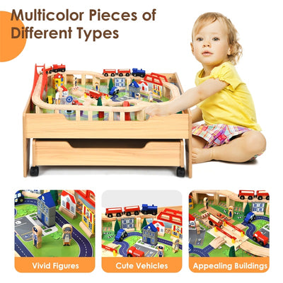 Toddler Train Table Set Kids Wooden Activity Table Playset with 100 Multicolor Pieces and Lockable Wheels for Boys Girls Gift