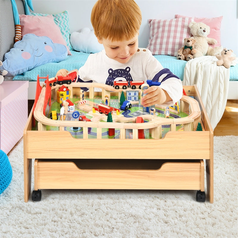 Toddler Train Table Set Kids Wooden Activity Table Playset with 100 Multicolor Pieces and Lockable Wheels for Boys Girls Gift