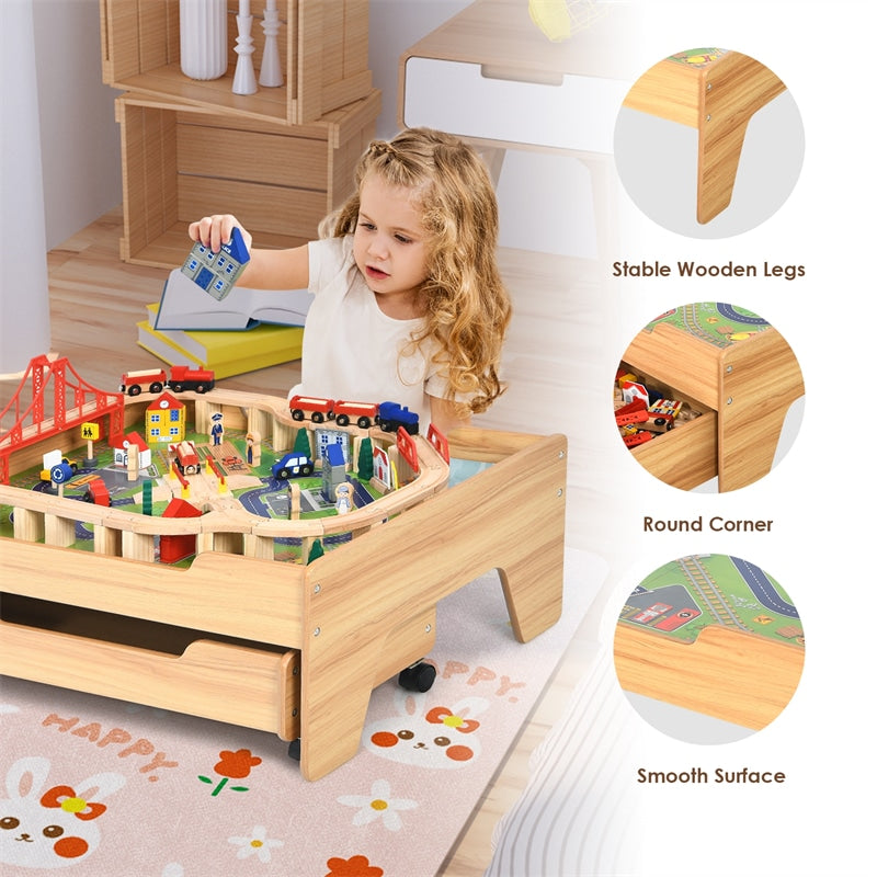 Toddler Train Table Set Kids Wooden Activity Table Playset with 100 Multicolor Pieces and Lockable Wheels for Boys Girls Gift