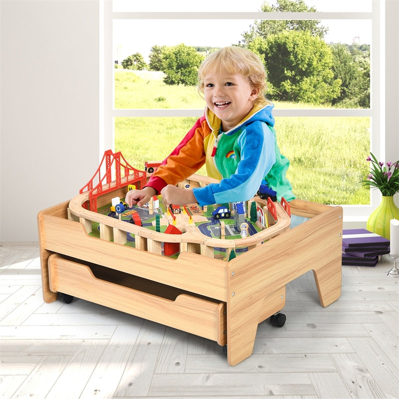 Toddler Train Table Set Kids Wooden Activity Table Playset with 100 Multicolor Pieces and Lockable Wheels for Boys Girls Gift