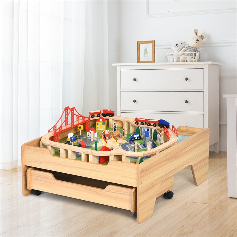 Toddler Train Table Set Kids Wooden Activity Table Playset with 100 Multicolor Pieces and Lockable Wheels for Boys Girls Gift