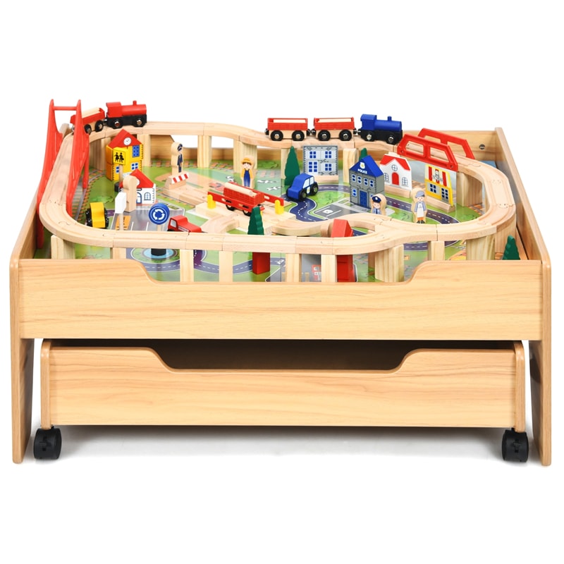 Toddler Train Table Set Kids Wooden Activity Table Playset with 100 Multicolor Pieces and Lockable Wheels for Boys Girls Gift