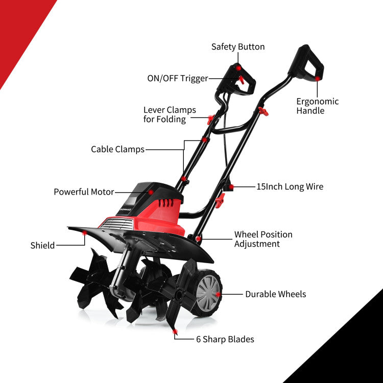 Mini Foldable 13.5 Amp Corded Electric Tiller and Cultivator Powerful Tillers Rototillers Tool with 4 High-Hardness Blades and 9-Inch Tilling Depth for Soil Digging