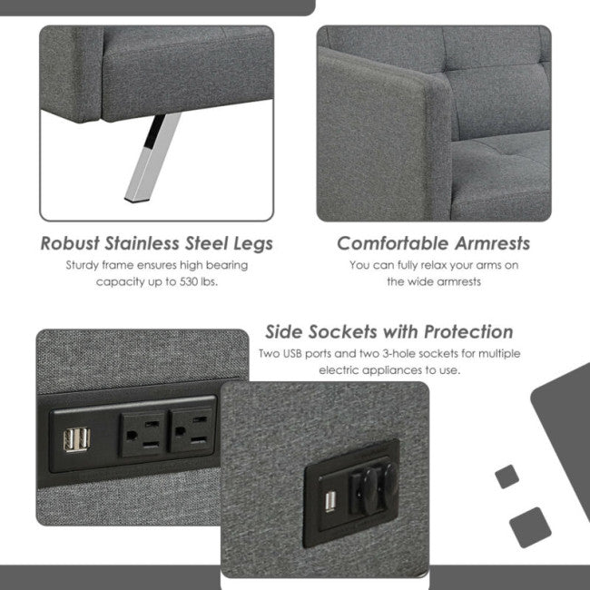 Modern Convertible Futon Sofa Bed 3 Seat Folding Recliner Loveseat with Side Sockets and USB Ports