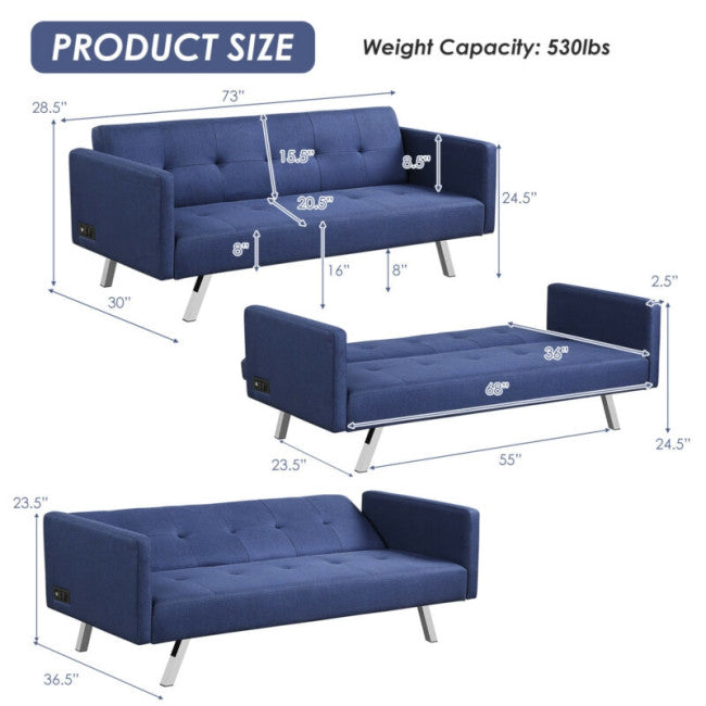 Modern Convertible Futon Sofa Bed 3 Seat Folding Recliner Loveseat with Side Sockets and USB Ports