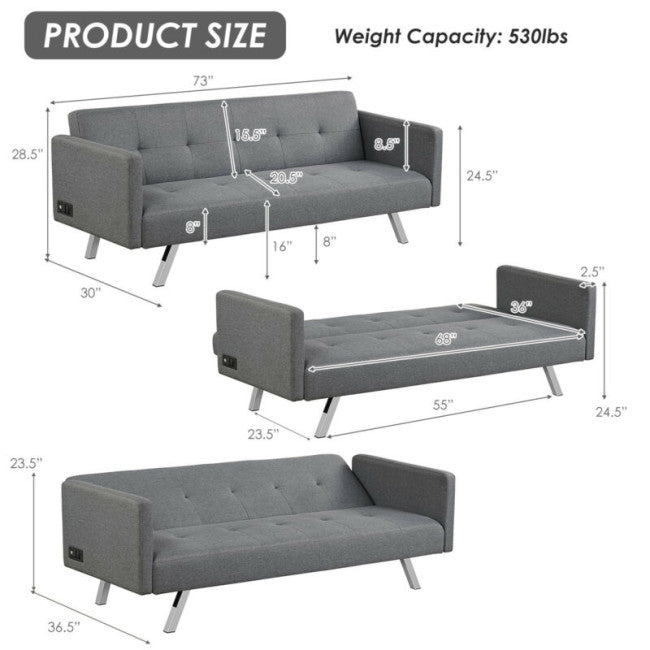 Modern Convertible Futon Sofa Bed 3 Seat Folding Recliner Loveseat with Side Sockets and USB Ports