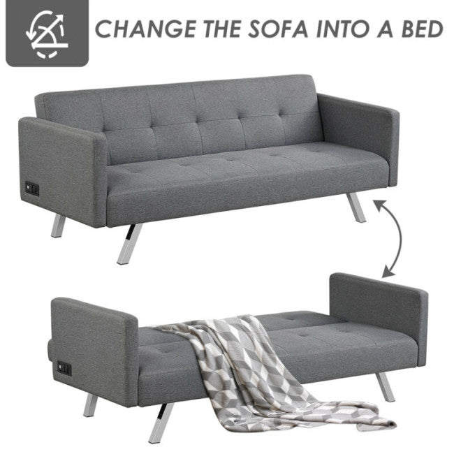Modern Convertible Futon Sofa Bed 3 Seat Folding Recliner Loveseat with Side Sockets and USB Ports