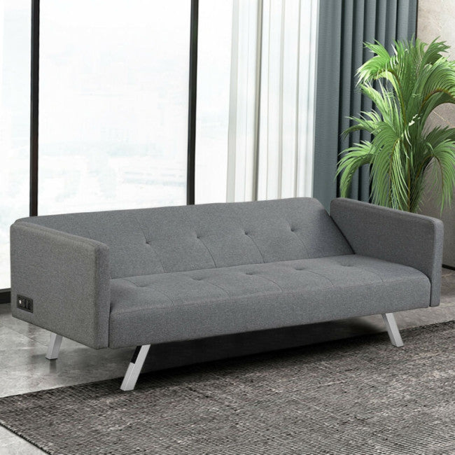 Modern Convertible Futon Sofa Bed 3 Seat Folding Recliner Loveseat with Side Sockets and USB Ports