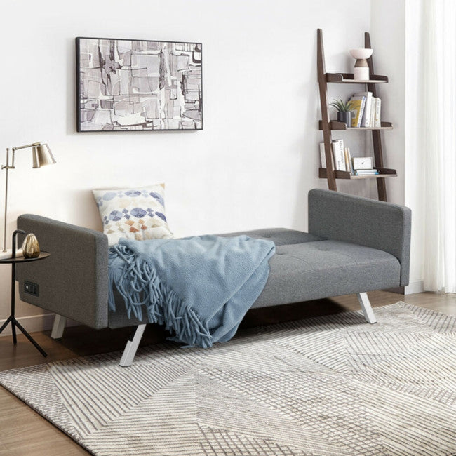 Modern Convertible Futon Sofa Bed 3 Seat Folding Recliner Loveseat with Side Sockets and USB Ports