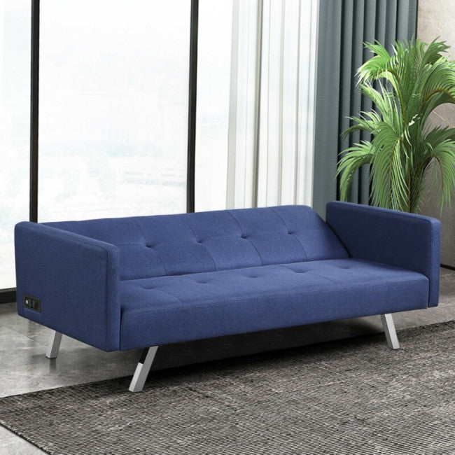 Modern Convertible Futon Sofa Bed 3 Seat Folding Recliner Loveseat with Side Sockets and USB Ports