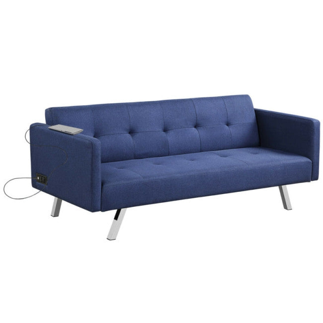 Modern Convertible Futon Sofa Bed 3 Seat Folding Recliner Loveseat with Side Sockets and USB Ports