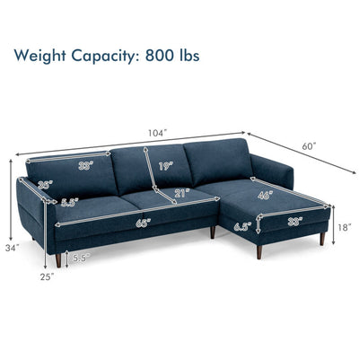 Modern L-Shaped Fabric Sectional 3-Seat Sofa Set Upholstered Chaise Lounge with Cushion