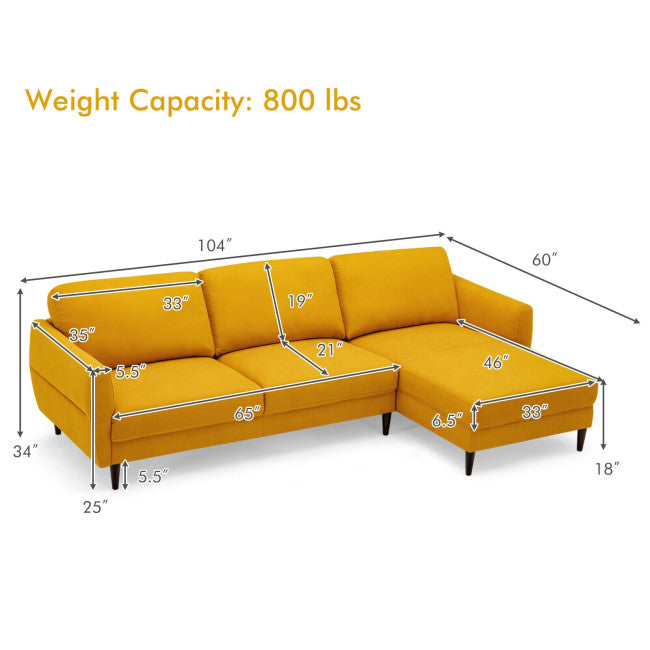 Modern L-Shaped Fabric Sectional 3-Seat Sofa Set Upholstered Chaise Lounge with Cushion