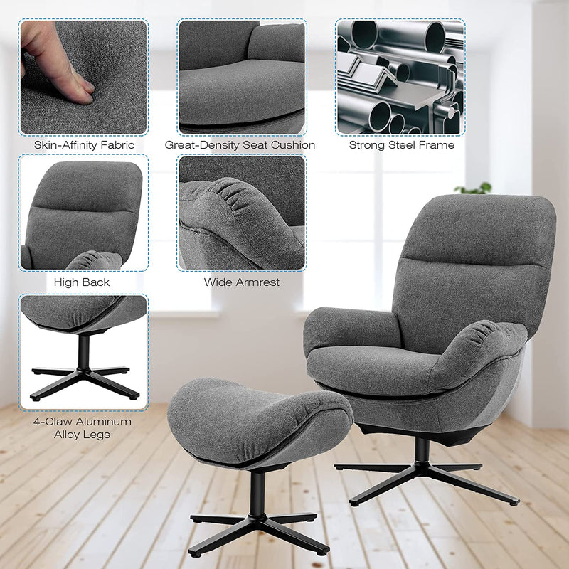 Modern Swivel Lounge Rocking Chair Upholstered 360 Accent Lazy Recliner Armchair with Ottoman and Aluminum Alloy Base