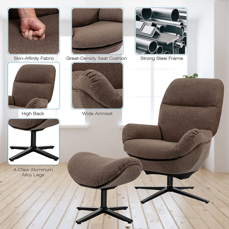 Modern Swivel Lounge Rocking Chair Upholstered 360 Accent Lazy Recliner Armchair with Ottoman and Aluminum Alloy Base