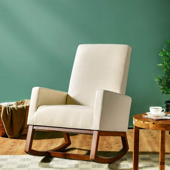 Modern Upholstered Rocking Chair High Back Lounge Armchair with Side Pocket and Fabric Padded Seat
