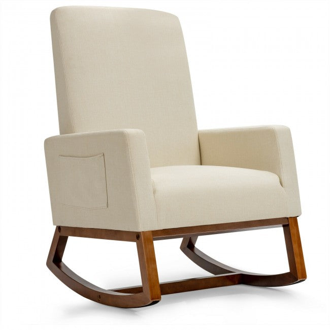 Modern Upholstered Rocking Chair High Back Lounge Armchair with Side Pocket and Fabric Padded Seat