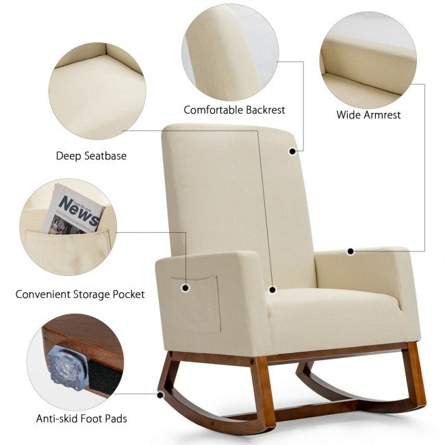 Modern Upholstered Rocking Chair High Back Lounge Armchair with Side Pocket and Fabric Padded Seat