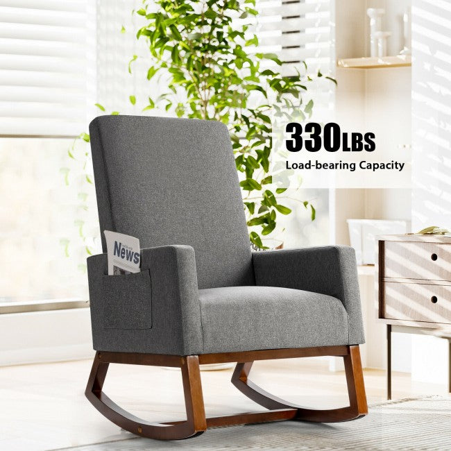 Modern Upholstered Rocking Chair High Back Lounge Armchair with Side Pocket and Fabric Padded Seat