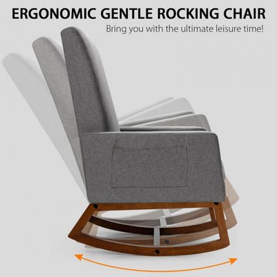 Modern Upholstered Rocking Chair High Back Lounge Armchair with Side Pocket and Fabric Padded Seat