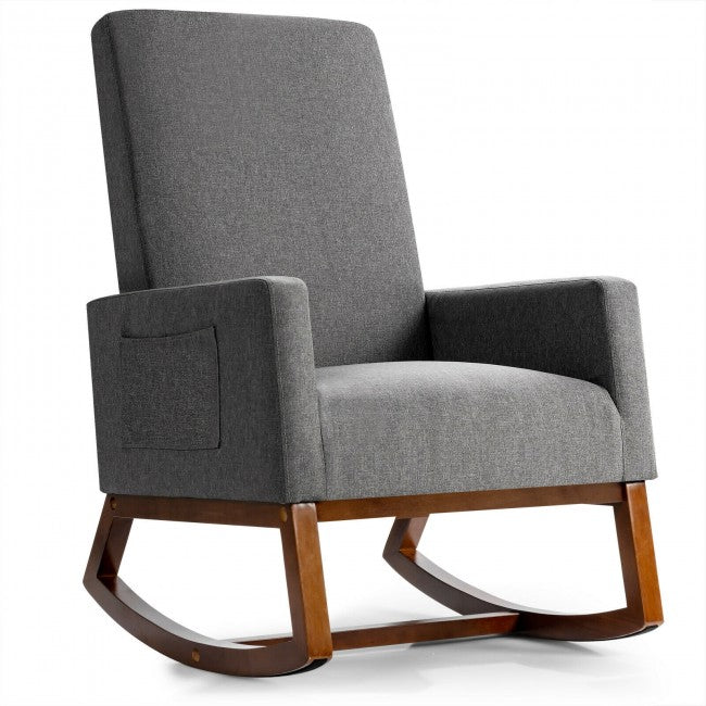 Modern Upholstered Rocking Chair High Back Lounge Armchair with Side Pocket and Fabric Padded Seat