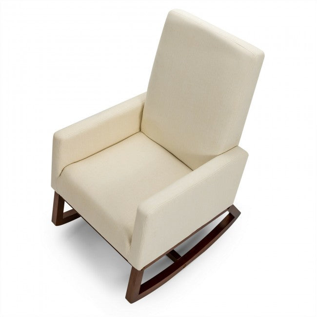 Modern Upholstered Rocking Chair High Back Lounge Armchair with Side Pocket and Fabric Padded Seat