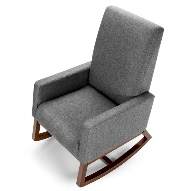 Modern Upholstered Rocking Chair High Back Lounge Armchair with Side Pocket and Fabric Padded Seat