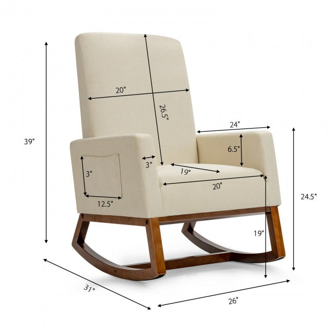 Modern Upholstered Rocking Chair High Back Lounge Armchair with Side Pocket and Fabric Padded Seat