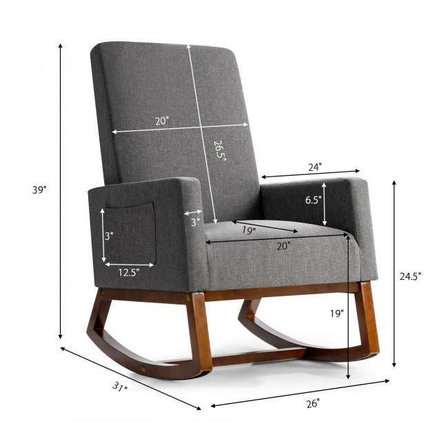 Modern Upholstered Rocking Chair High Back Lounge Armchair with Side Pocket and Fabric Padded Seat