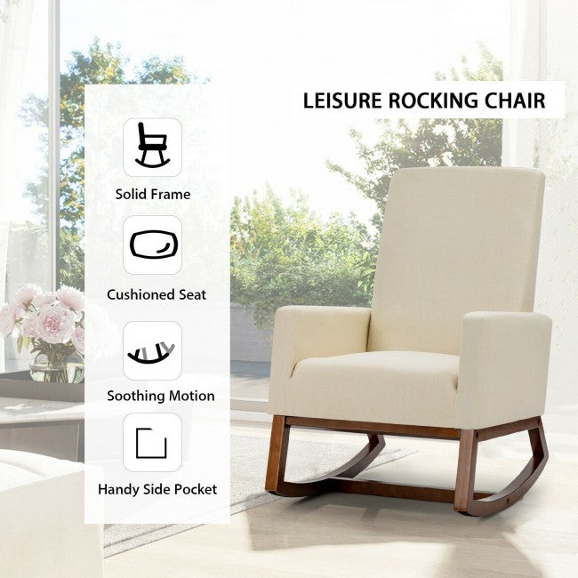 Modern Upholstered Rocking Chair High Back Lounge Armchair with Side Pocket and Fabric Padded Seat