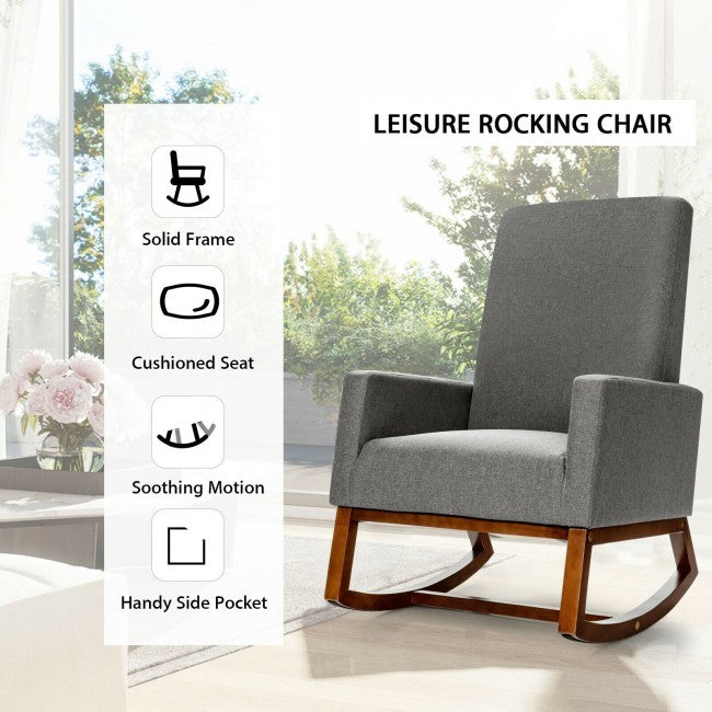 Modern Upholstered Rocking Chair High Back Lounge Armchair with Side Pocket and Fabric Padded Seat