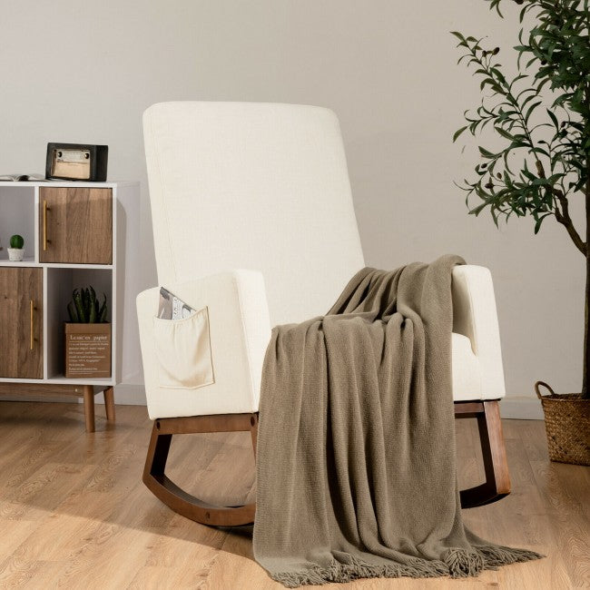 Modern Upholstered Rocking Chair High Back Lounge Armchair with Side Pocket and Fabric Padded Seat
