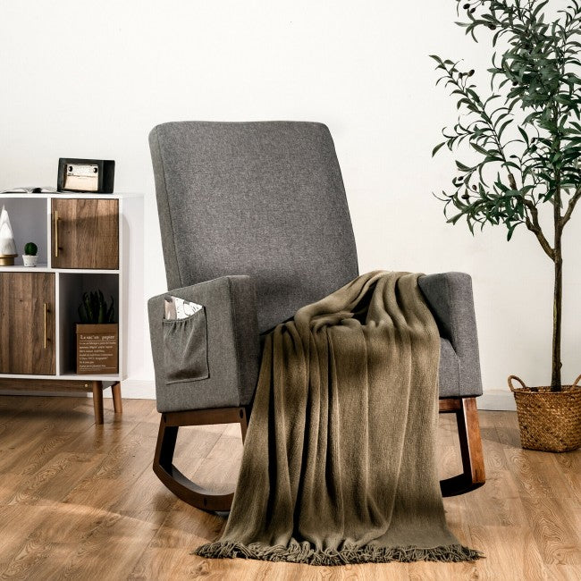 Modern Upholstered Rocking Chair High Back Lounge Armchair with Side Pocket and Fabric Padded Seat