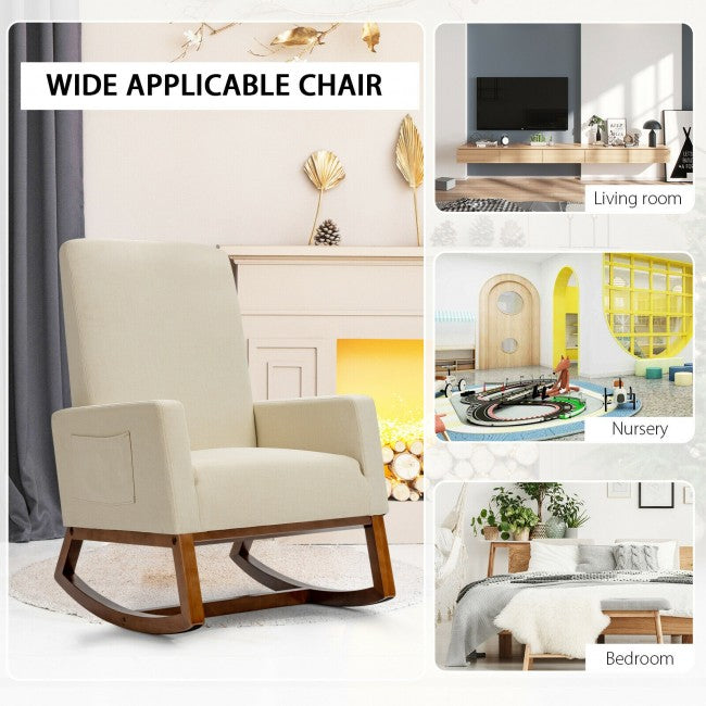 Modern Upholstered Rocking Chair High Back Lounge Armchair with Side Pocket and Fabric Padded Seat