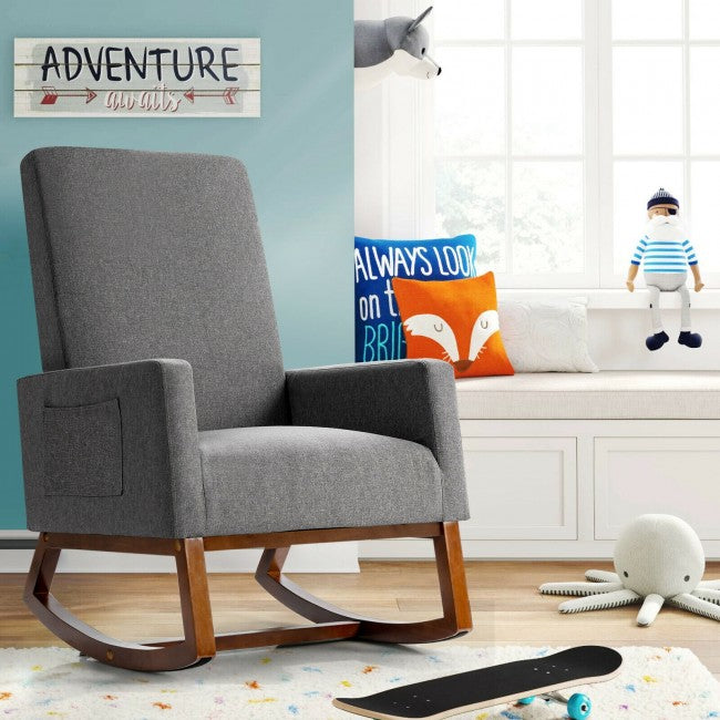 Modern Upholstered Rocking Chair High Back Lounge Armchair with Side Pocket and Fabric Padded Seat